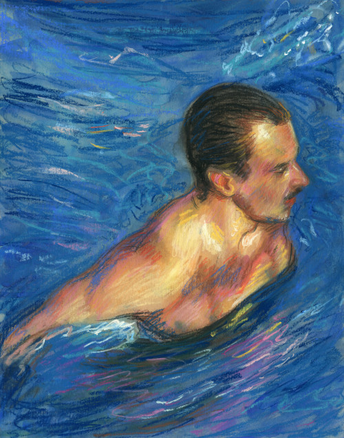 huariqueje:  Casey in the Pool   -    TM Davy , 2019 American, b. 1980 - Pastel and gouache on paper ,  14 x 11 in.   35.6 x 27.9 cm. 
