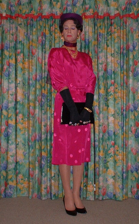 My pink satin dress with hat clutch bag and diamante jewelry.