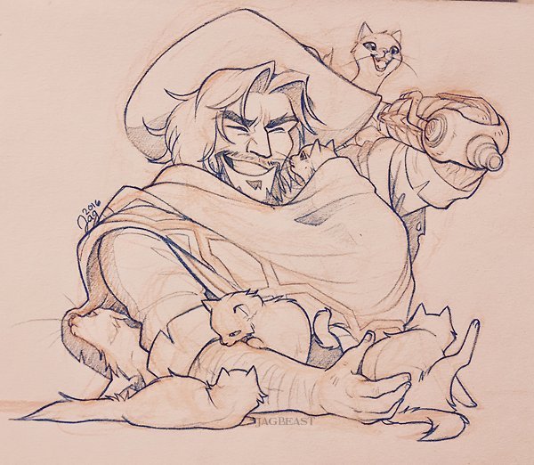 jagbeast: In the same vein of feel-good drawings, someone asked for a McCree + kitties,