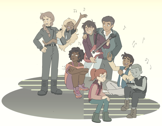 Fanart of some of the main cast of Infinity Train. Hazel, Ryan, Jesse, and Lake make music while Grace, Min-Gi, and Tulip watch happily and Amelia, who is carrying Hazel, looks annoyed.