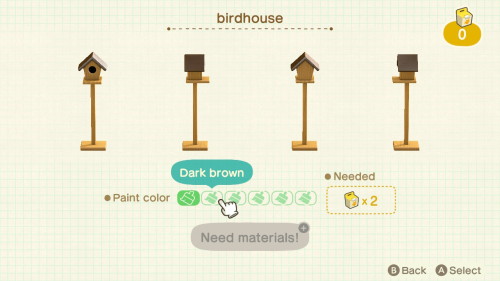 Item: birdhouse# of customizations: 6Customization names: natural, dark brown, natural & white, 