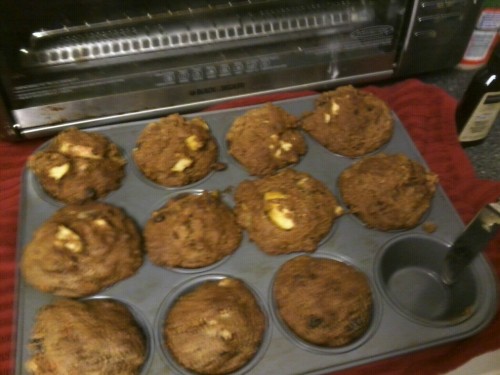 So, brunch. Morning glory muffins. With carrots, apples, and raisins and bananas. i used this recipe!