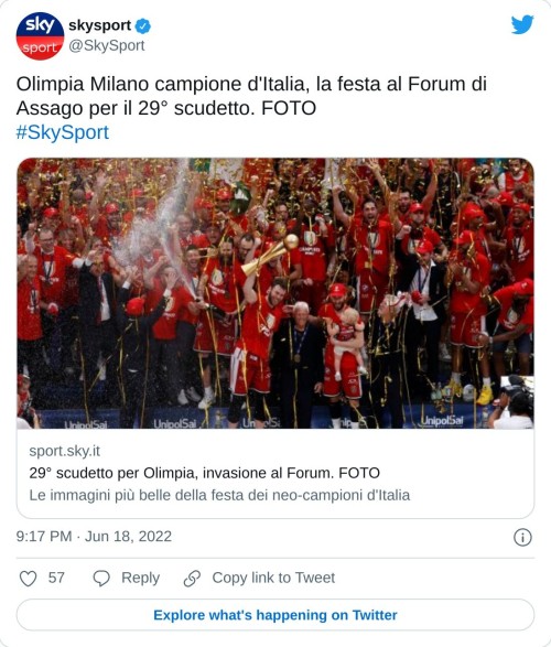 Olimpia Milano campione d'Italia, la festa al Forum di Assago per il 29° scudetto. FOTO#SkySporthttps://t.co/yt5MO4buQd  — skysport (@SkySport) June 18, 2022