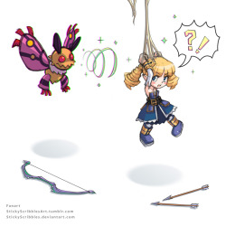 Disgaea Fanart Archer Moth Monster1An archer is determined to catch a Moth Monster when it was about to lay some eggs. The Moth Monster evades her attack with hypnosis wave to tame the assailant. The archer is about to break free but already falls into