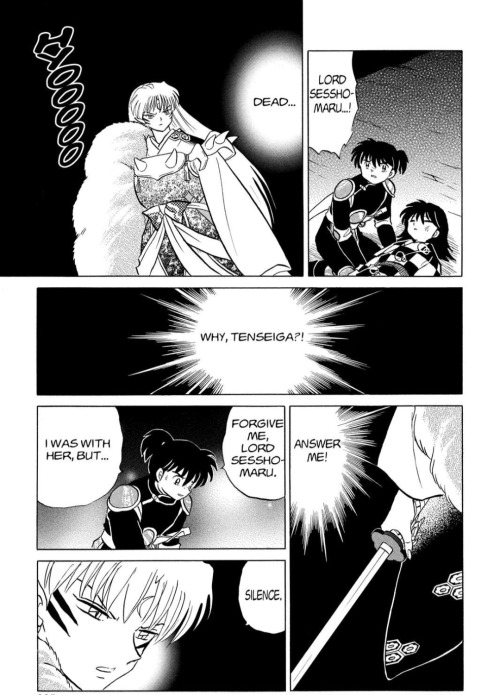 Kohaku, desperate as he stays on his knees close to Rin: "Lord Sesshomaru!"
Sesshomaru appears very upset and even wrathful as he keeps repeating in his mind "Dead?".
Then mentally to his own sword: "Why Tenseiga? Answer me!"
Kohaku really upset to him: "Forgive me Lord Sesshomaru. I was with her but..."
Sesshomaru: "Silence".