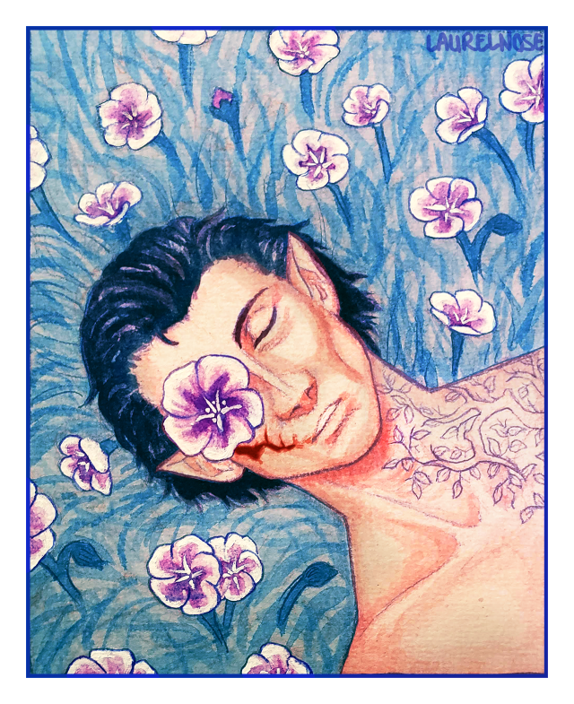 An inkwash painting of Iorveth laying shirtless in a field of feainnewedd flowers with his eye closed. A large bloom sprouts from his missing eye.