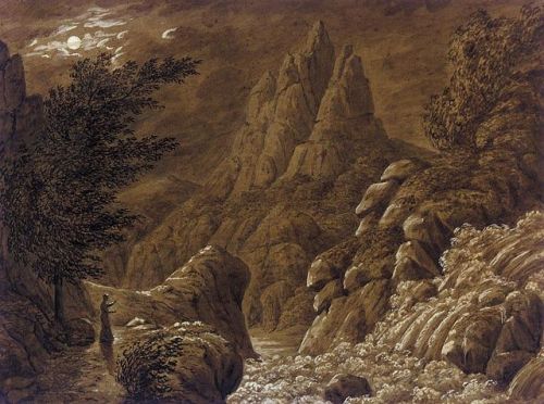 hadewyjch:Caspar David Friedrich, Idealised Landscape with Waterfall, c.1793-1801