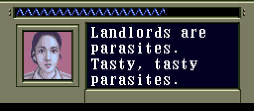 Super Godzilla screenshot with the text edited to "Landlords are parasites. Tasty, tasty parasites" 