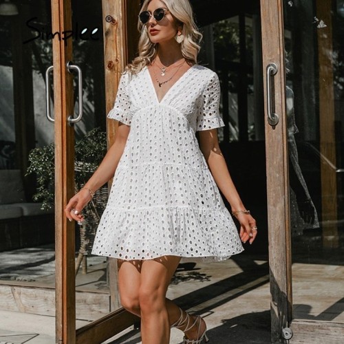  Simplee Sexy v-neck lace stitching white dress 2021 summer new Short-sleeve solid women dress casua