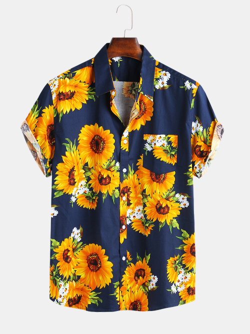 colorfultimetravelbeard:Mens Sunflower Oil Painting Floral Print Short Sleeve ShirtsCheck out HEREGe