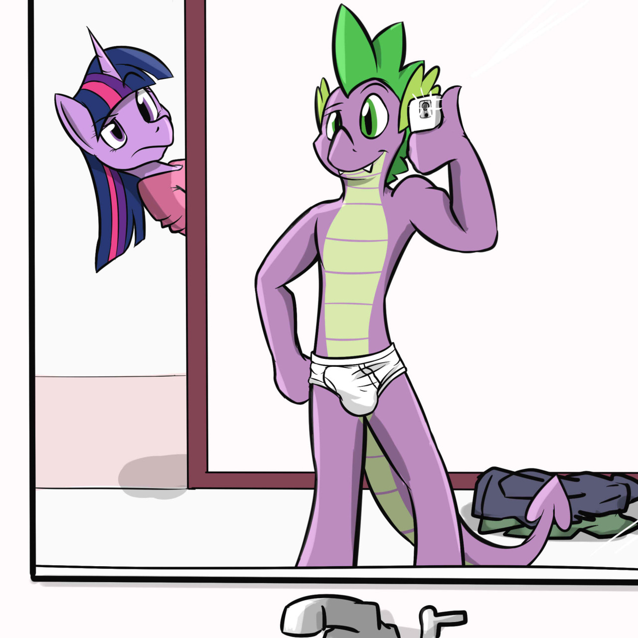 Spike taking a selfie in the bathroom mirror in his undies, though looks like he