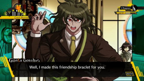 fakedrv3screenshots:Gonta: Well, I made this friendship braclet for you. Kokichi: You know, I’m not 