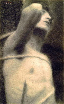 king-without-a-castle:  Fred Holland Day - Saint Sebastian tied to tree with rope, with arrow in side, elbow raised, 1907