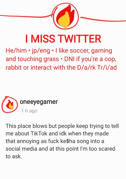 A mock up of Fuuta's tumblr blog "one eyed gamer". the title reads "I miss twitter" and the profile picture is a flame icon
the description reads "He/him • jp/eng • I like soccer, gaming and touching grass • DNI if you're a cop, rabbit or interact with the D/a/rk Tr/i/ad"
There is a post from one hour ago reading "This place blows but people keep trying to tell me about TikTok and idk when they made that annoying as fuck kesha song into a social media and at this point I'm too scared to ask."