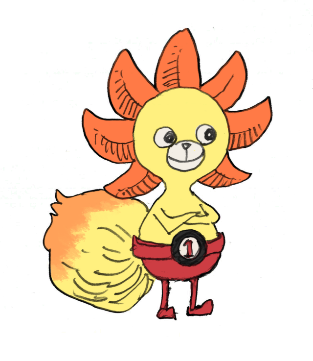 A coloured version of Oda's black & white concept sketch for the new One Piece Film Red character "Sunny-kun", a small anthropomorphic creature with a child's proportions, a tufty foxlike tail, and a head like the Thousand Sunny's lion figurehead. It stands with its arms crossed and a strangely vacant smile on its face, peering to its left.