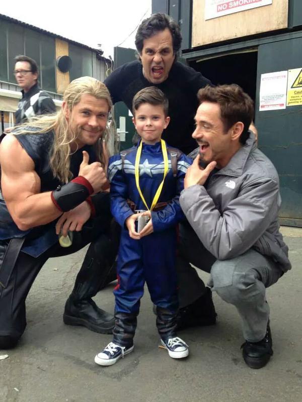 clarke-mason: Age of Ultron cast with a young Captain America fan on the set of Age
