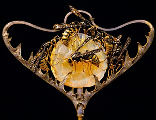 Stickpin (detail) by René Lalique, 1898-99, of gold, enamel, opal, and diamonds (Designmuseum
