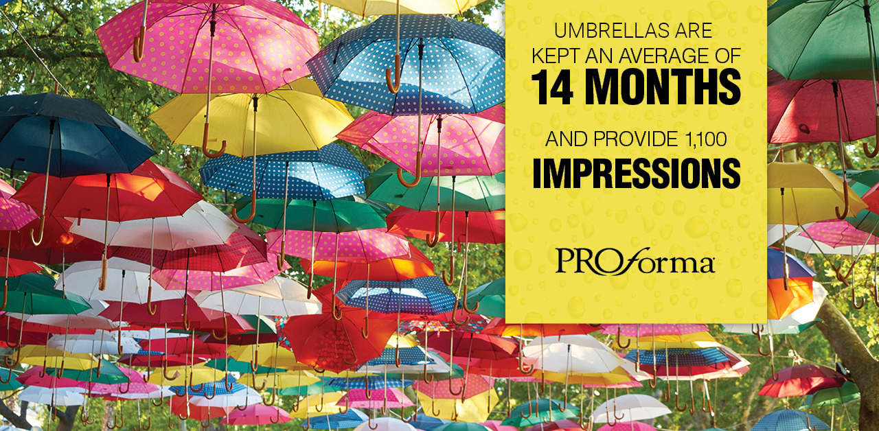 Looking to keep your brand in front of customers time and again? Umbrellas with promotional messages are kept an average of 14 months and provide 1,100 impressions during their lifetime! #promotionalproducts #branding