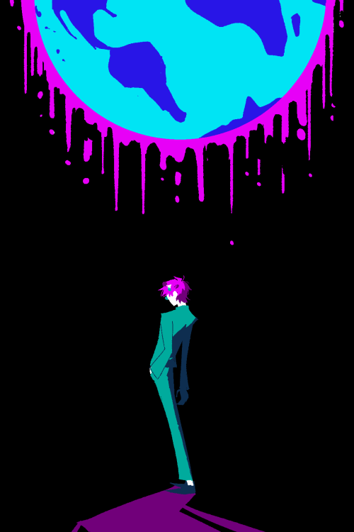 kuuhaiyu:  try to pry it open then it becomes a problem[image descriptions: three images done in a horror-esque style, drawn with neon colors and black. in the first, saiki hunches over the pieces of his broken limiter as psychic power pours out of him