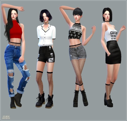 sims4-marigold:  Acc Loosefit Hood Jacket &amp; Mesh Stockings Set &amp; Unbalance Off Shoul