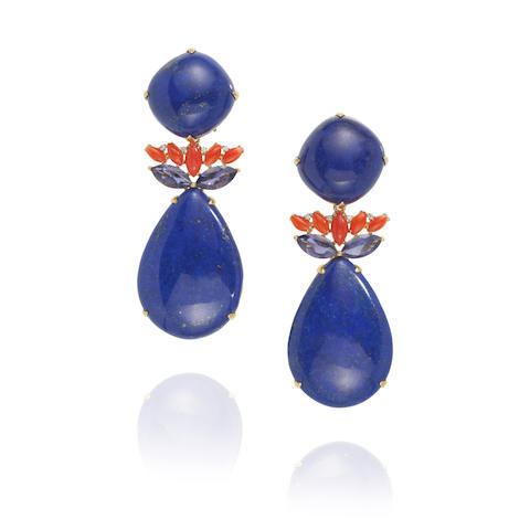 Lapis lazuli earrings with lapis, iolite, coral, and diamond detachable pendants (at Bonhams)