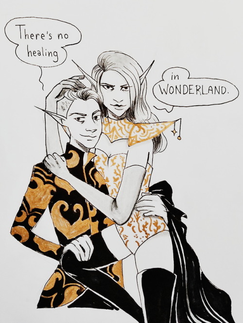 claidiart: lich please [image description: a traditional line drawing of Edward and Lydia in front o