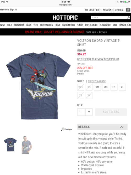 ATTENTION! Hottopic has Voltron shirts for cheap!! Sadly, just in men sizes, but that didn’t s