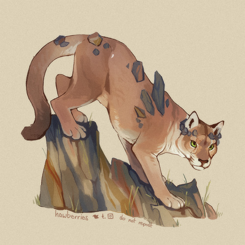 hawberries:elementals[images are 8 paintings of big cats with fantasy elemental motifs: a dark brown