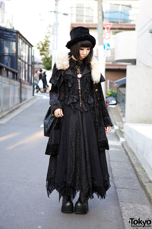tokyo-fashion:Takeshita works at the h.NAOTO shop inside of LaForet Harajuku. Her all-black style mi