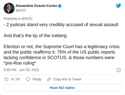 - 2 justices stand very credibly accused of sexual assault

And that’s the tip of the iceberg.

Election or not, the Supreme Court has a legitimacy crisis and the public reaffirms it: 75% of the US public reports lacking confidence in SCOTUS, & those numbers were *pre-Roe ruling*

— Alexandria Ocasio-Cortez (@AOC) June 25, 2022