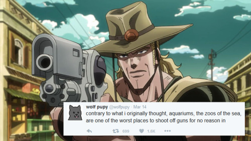 jojo-blue:  JJBA: Stardust Crusaders as described by wolf pupy tweets. I gotta say, of all the dumb pointless nonsense I’ve posted on the internet, this one was easily one of the most fun to make.  XD 