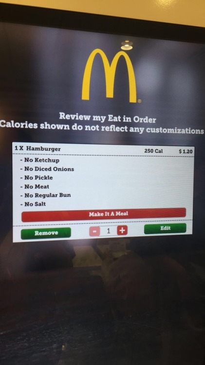 fuckshitavenue: piccolit: givemethefrenchfries: I tried ordering a boneless burger and the entire fu