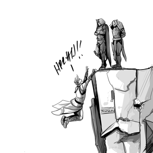 newbabyfly: My actual life as a warlock. Except my fireteam is nice enough to not toss me back off as soon as I actually make those stupid jumps. (Killy actually used to be a pretty goofy dude until he adopted these twerps.) 