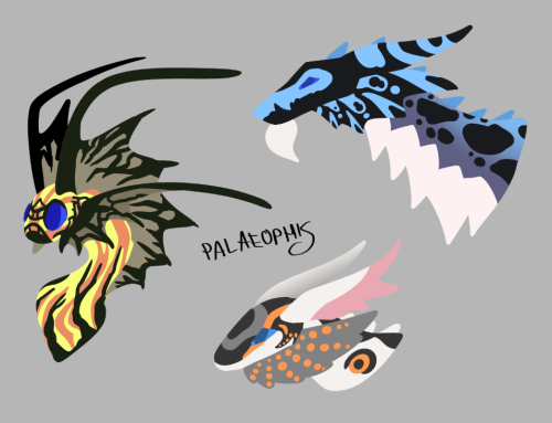 Three lineless headshots of Flight Rising dragons. The first is an orange and yellow Fae dragon with light brown fishlike fins and black crackly markings. The second is a black, white, and blue Guardian dragon. The third is a white Fathom dragon with orange and black patterns. The artist's signature is Palaeophis.