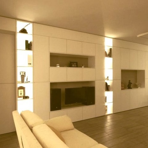 Living Room Library Small Modern Open Concept Living Room Library Idea With Beige Walls And A Media Wall.