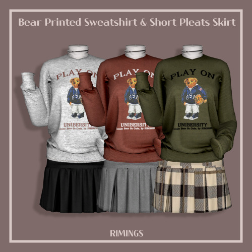 [RIMINGS] Bear Printed Sweatshirt &amp; Short Pleats Skirt - TOP / BOTTOM- NEW MESH- ALL LODS- N