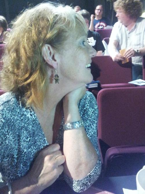 lovelylovelyruthie:The actual Louise Jameson wearing my 4th Doctor & Leela earrings which she re