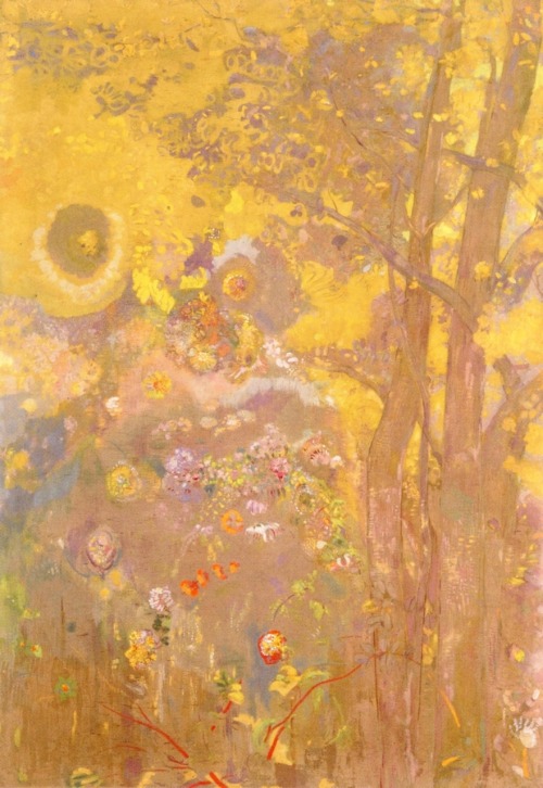 dappledwithshadow:Odilon Redon (French, 1840-1916)Yellow Tree, Red Panel, Bouquet of Flowers.