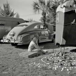 specialcar:  January 1941. “Guest at Sarasota, Florida, trailer park, beside her garden made of shells and odds and ends.” 