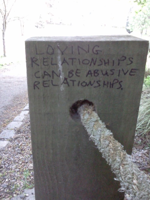 supergaygenes:  dyspraspie:  Graffiti written on a line of wooden posts.  Messages read: TW: Abuse; loving relationships can be abusive relationships; love is not all you need; what you need is to be safe from emotional, physical and sexual abuse; you