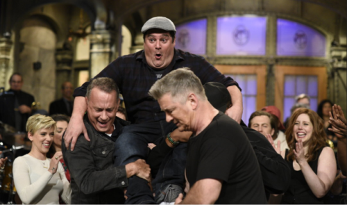 kmckinnonfan:Bobby Moynihan, Vanessa Bayer, and Sasheer Zamata being carried off the SNL stage at th