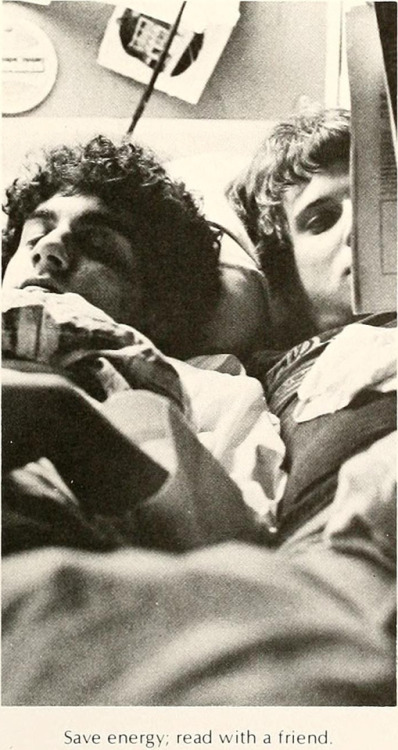 profoundgaiety:Two men in bed saves energy, the caption tells us. From Mansfield’s 1978 yearbook. 