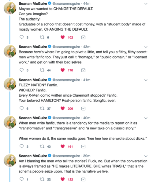 yum-cy:[Transcript of a Twitter thread by Seanan McGuire (@ seananmcguire)]I started writing fiction