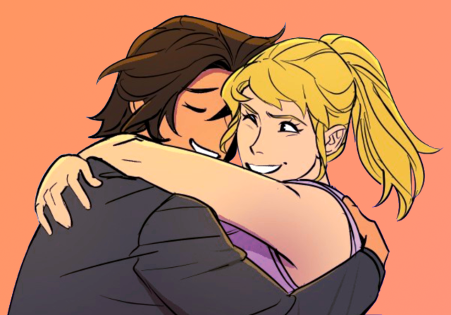 Edited comic panel of Cassandra Cain and Stephanie Brown hugging. They're both smiling. Cassandra is wearing black and Stephanie is wearing purple. The background is an orange to pink gradient.