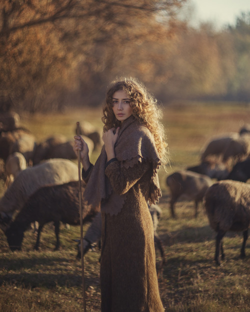 Girl and sheep retro, shepherd by David Dubnitskiy