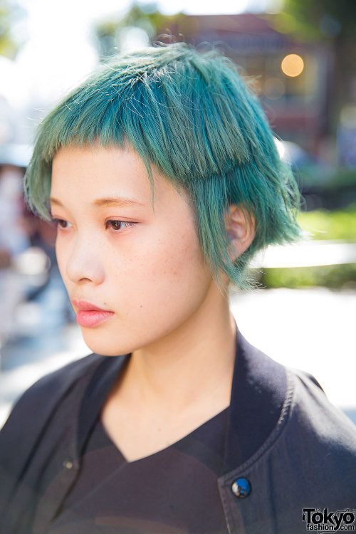 tokyo-fashion:  21-year-old Hitomi on the street in Harajuku with a short green hairstyle, a resale draped bomber jacket over an E hyphen world gallery dress, Tutuanna fishnets, and F21 shoes. Full Look