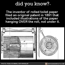 did-you-kno:  The inventor of rolled toilet paper  filed an original patent in 1891 that  included illustrations of the paper  hanging OVER the roll, not under it.  Source Source 2