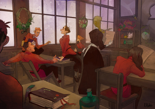 [Id: Drawing of a magical classroom, filled wih ambient warm light. It snows heavily, so you cant&rs