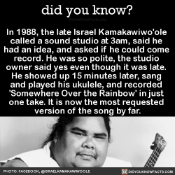 grumpyartiste: mlmofficial:  did-you-kno:  In 1988, the late Israel Kamakawiwo'ole  called a sound studio at 3am, said he  had an idea, and asked if he could come  record. He was so polite, the studio  owner said yes even though it was late.  He showed