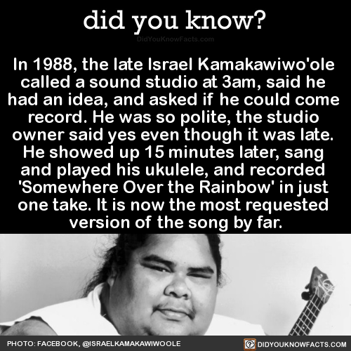 mlmofficial:  did-you-kno:  In 1988, the late Israel Kamakawiwo'ole  called a sound studio at 3am, said he  had an idea, and asked if he could come  record. He was so polite, the studio  owner said yes even though it was late.  He showed up 15 minutes